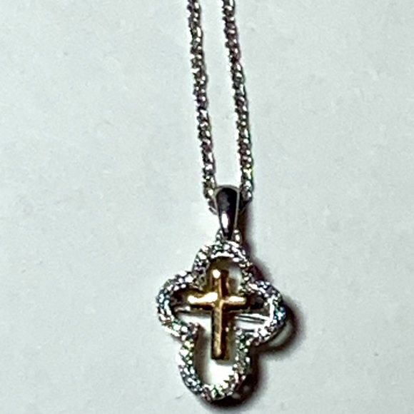 Sterling and Gold Diamond Cross Necklace - Picture 4 of 9